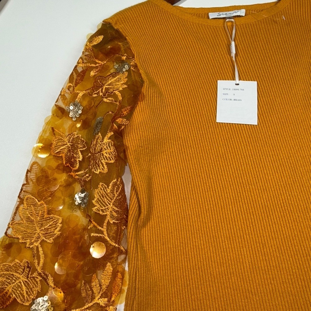 Sioni Milano S Orange Brass Fall Leaves Sequin Sleeve Ribbed Knit Top - Small - Picture 7 of 11